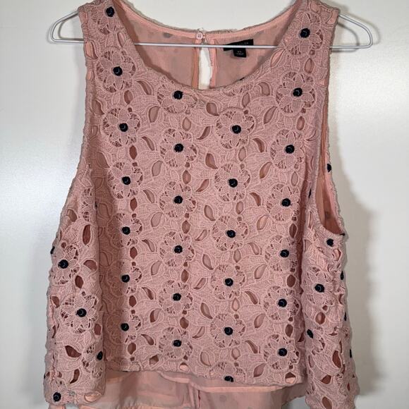 Ann Taylor Women’s XL Lace Crochet Tank Top Pink Black Floral Embroidered - Picture 3 of 16